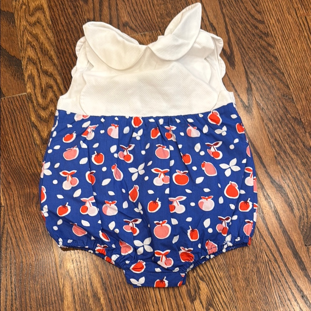 JACADI Blue and White Kids bubble Romper with Apple Print snap bottom